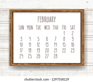 February year 2019 vector monthly calendar. Week starting from Sunday. Hand drawn text in a wooden frame over light brown rustic distressed wood background.