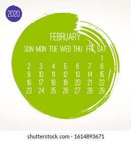 February year 2020 contemporary vector monthly calendar. Hand drawn green brush stroke design over white background. Week starting from Sunday.