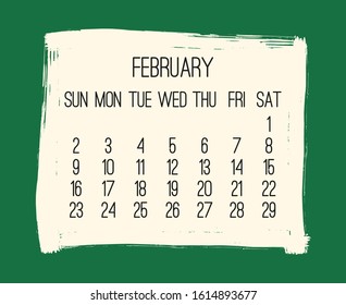 February year 2020 vector monthly modern calendar. Contemporary hand drawn green brush stroke frame design. Week starting from Sunday.
