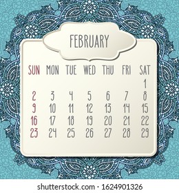 February year 2020 vector monthly calendar over doodle ornate hand drawn blue floral background, week starting from Sunday. Beige beveled frames design.
