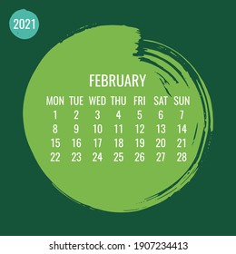 Calendario mensual de vectores contemporáneos de febrero de 2021. Diseño verde del trazo de pincel de círculo dibujado a mano. Semana a partir del lunes.