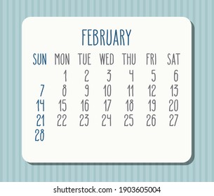 February year 2021 vector monthly light calendar. White frame over pastel blue striped background. Week starting from Sunday.