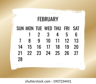 February year 2021 vector monthly golden frame modern calendar. Week starting from Sunday. Contemporary gold brush stroke design over white.