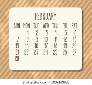 Calendario mensual vectorial de febrero de 2021. Semana a partir del domingo. Diseño de rayas marrón vintage con problemas de diseño.