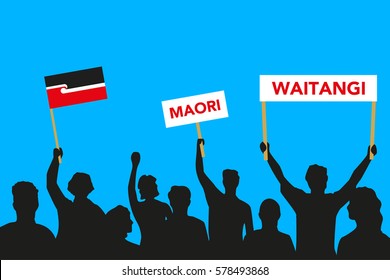 February12, 2017: vector illustration of the crowd that is maintaining its attitude regarding to New Zealand Waitangi Day on blue background. 