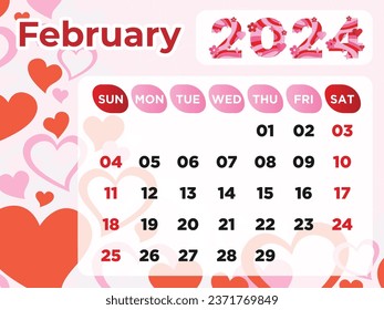 February_2024 Monthly Calender _ Lovely Design with weeks start on Sunday
