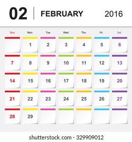 February.Calendar for 2016 Year. Vector Sticks note paper  Design Print Template