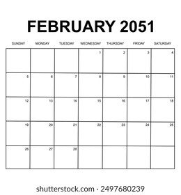 februay 2051. monthly calendar design. week starts on sunday. printable, simple, and clean vector design isolated on white background.