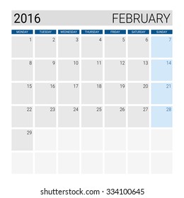 Febuary 2016 calendar, weeks start from Monday