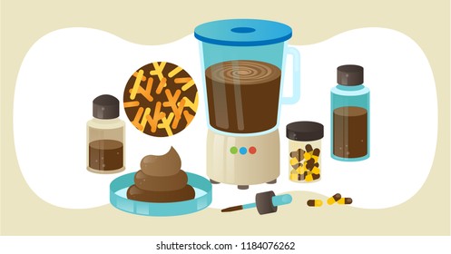 Fecal Microbiota Transplant (FMT) Or Stool Transplant Procedure Equipment, Vector Illustration Laboratory Objects Collection. Collecting And Processing Healthy Fecal Bacteria. Stool Samples And Pills.