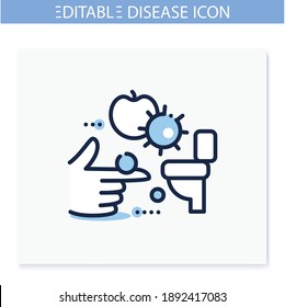 Fecal-oral Spread Line Icon. Disease Spreading Concept. Covid19, Foodborne Bacterial Infection, Rotavirus Transmission. Contagious Toilet. Food Hygiene. Isolated Vector Illustration. Editable Stroke 