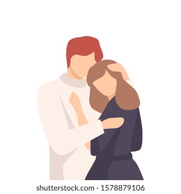 Feceless Man Standing and Embracing Young Woman Stroking Her Hair Vector Illustration