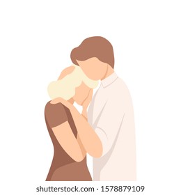 Feceless Man Standing and Embracing Young Crying Woman Stroking Her Hair Vector Illustration