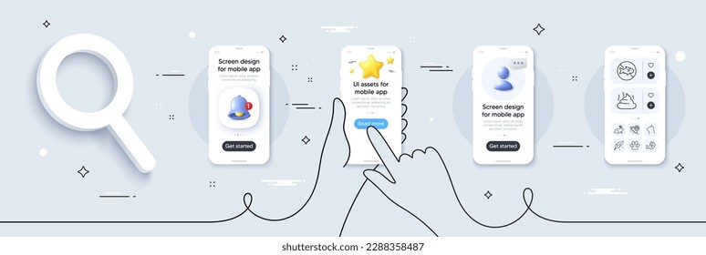 Feces, Fish and Pets care line icons pack. Phone screen mockup with 3d star, alert and chat message. Feather, Dog paw, Dog vaccination web icon. Animal tested, Stop fishing pictogram. Vector