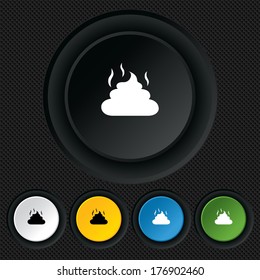 Feces sign icon. Clean up after pets symbol. Put it in the bag. Round colourful buttons on black texture. Vector
