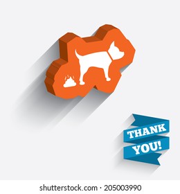 Feces sign icon. Clean up after pets symbol. Put it in the bag. White icon on orange 3D piece of wall. Carved in stone with long flat shadow. Vector