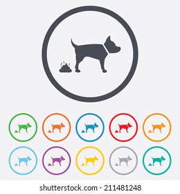 Feces sign icon. Clean up after pets symbol. Put it in the bag. Round circle buttons with frame. Vector