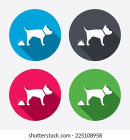 Feces sign icon. Clean up after pets symbol. Put it in the bag. Circle buttons with long shadow. 4 icons set. Vector