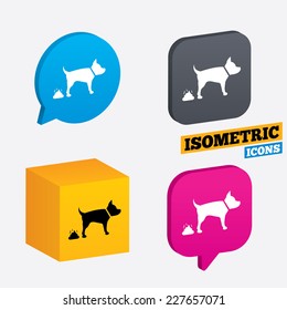 Feces sign icon. Clean up after pets symbol. Put it in the bag. Isometric speech bubbles and cube. Rotated icons with edges. Vector