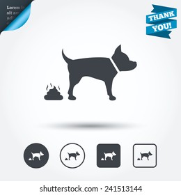 Feces sign icon. Clean up after pets symbol. Put it in the bag. Circle and square buttons. Flat design set. Thank you ribbon. Vector