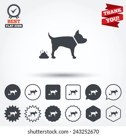 Feces sign icon. Clean up after pets symbol. Put it in the bag. Circle, star, speech bubble and square buttons. Award medal with check mark. Thank you ribbon. Vector