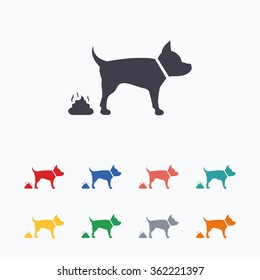 Feces sign icon. Clean up after pets symbol. Put it in the bag. Colored flat icons on white background.
