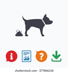 Feces sign icon. Clean up after pets symbol. Put it in the bag. Information think bubble, question mark, download and report.