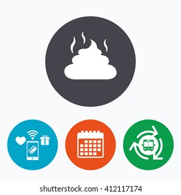 Feces sign icon. Clean up after pets symbol. Put it in the bag. Mobile payments, calendar and wifi icons. Bus shuttle.