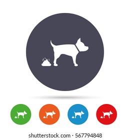 Feces sign icon. Clean up after pets symbol. Put it in the bag. Round colourful buttons with flat icons. Vector