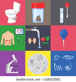 Feces or stool test analysis. Color vector icons set. Medical examination. Laboratory equipment and microbiology