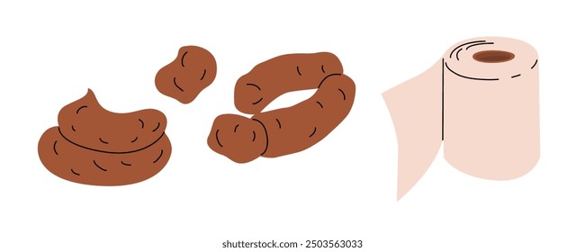 Heces y papel higiénico. Imagen de mierda. Aliviar el cuerpo de las necesidades naturales. Tema del baño. Ilustración vectorial. Fondo transparente.