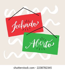 Fechado e aberto. Cartel cerrado y abierto en portugués brasileño. Letras de mano moderna. vector.
