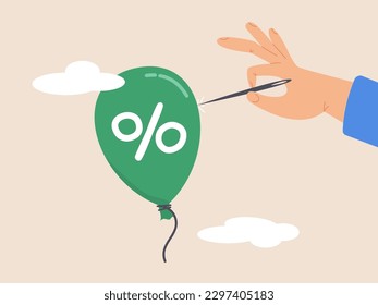 FED or central bank monetary policy to cut or decrease inflation problem concept. Reduce inflation by increase interest rate. Businessman hand using needle to burst inflation balloon with price tag.