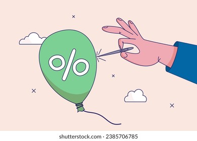 FED or central bank monetary policy to cut or decrease inflation problem concept. Reduce inflation by increase interest rate. Businessman hand using needle to burst inflation balloon with price tag.