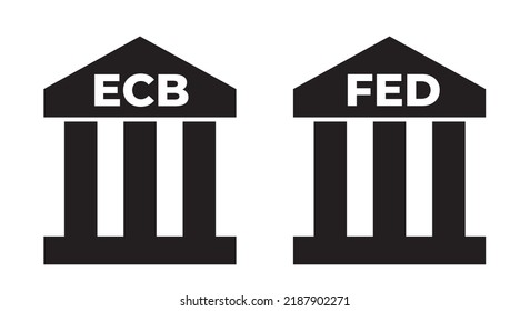 FED and ECB. European central bank and Federal reserve bank - classicist building with text. Central bank and national financial institution in USA and European union. Vector illustration.