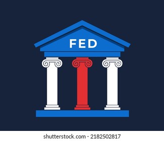 FED and Federal reserve bank - classicist building with title on the gable wall. Central bank and national financial institution in USA and United States of America. Vector illustration.