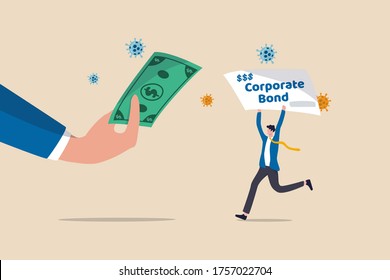 Fed Federal Reserve Buying Corporate Bonds To Support Liquidity After Coronavirus COVID-19 Economic Crisis Concept, FED Central Bank Hand Holding US Banknote With Businessman Holding Corporate Bond.