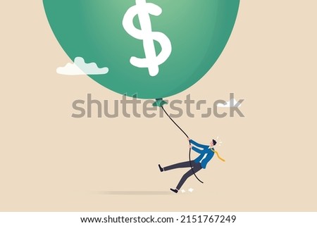 FED, Federal Reserve try to tame inflation down by interest rate hike, economic risk or investment bubble concept, businessman Federal Reserve or government try to pull big inflation balloon down.