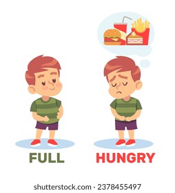 Fed and hungry little guy. Words antonyms. English language vocabulary, educational cards. Kid thinking about food. Card with picture and text cartoon flat style illustration. Vector concept