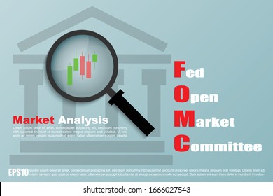 Fed Open Market Committee (FOMC) with magnifying glass and trading candlesticks on high impact news market analysis
