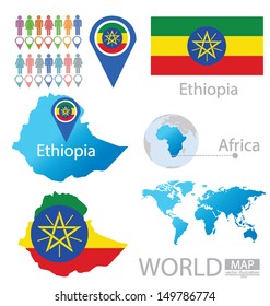 Federal Democratic Republic of Ethiopia. flag. World Map. vector Illustration.