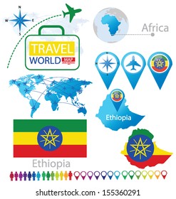 Federal Democratic Republic of Ethiopia. flag. World Map. Travel vector Illustration.