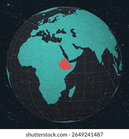 Federal Democratic Republic of Ethiopia on Globe. Vintage look with grunge scratched texture. Country view on world map in Dark Charcoal Turquoise color palette. Ethiopia shape on map.