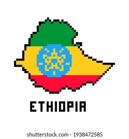 Federal Democratic Republic of Ethiopia, pixel art african country map with flag isolated on white background.