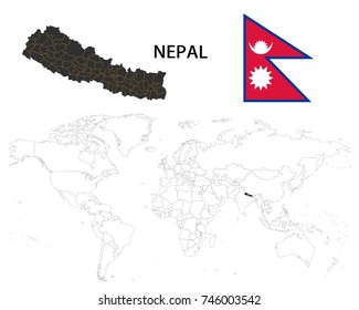 Federal Democratic Republic of Nepal map on a world map with flag on white background.