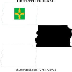 Federal District Map Bundle with Flag, Black Silhouette and Detailed Outline Contours