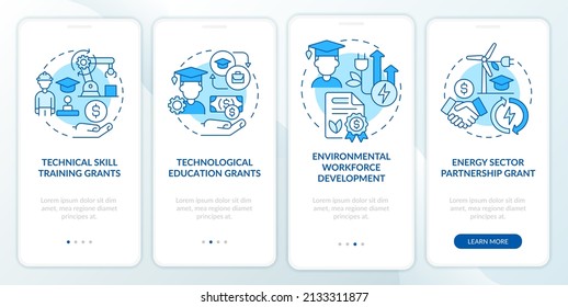 Federal Grants For Tech Training Blue Onboarding Mobile App Screen. Walkthrough 4 Steps Graphic Instructions Pages With Linear Concepts. UI, UX, GUI Template. Myriad Pro-Bold, Regular Fonts Used