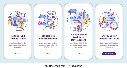 Federal Grants For Tech Training Onboarding Mobile App Screen. Industry Walkthrough 4 Steps Graphic Instructions Pages With Linear Concepts. UI, UX, GUI Template. Myriad Pro-Bold, Regular Fonts Used