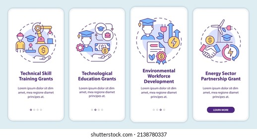 Federal grants for tech training onboarding mobile app screen. Industry walkthrough 4 steps graphic instructions pages with linear concepts. UI, UX, GUI template. Myriad Pro-Bold, Regular fonts used