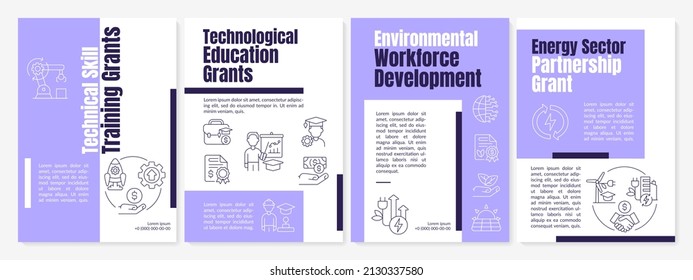 Federal Grants For Tech Training Purple Brochure Template. Small Business. Leaflet Design With Linear Icons. 4 Vector Layouts For Presentation, Annual Reports. Anton, Lato-Regular Fonts Used